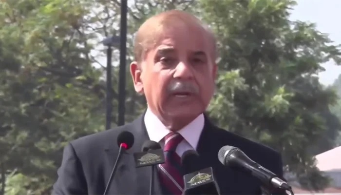 Prime Minister Shehbaz Sharif addressing the passing out parade of the 48th Specialized Training Programme of Police Service of Pakistan at the National Police Academy on October 28, 2022. — Screengrab