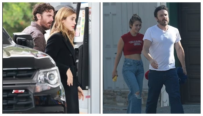 Casey Affleck steps outside with girlfriend Caylee Cowan after