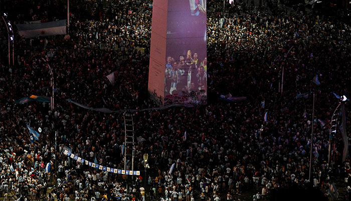 In this aerial view fans of Argentina celebrate at the Obelisk after winning the Qatar 2022 World Cup against France in Buenos Aires on December 18, 2022. — AFP