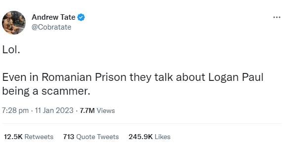 Andrew Tate claps back at Logan Paul over ‘matrix’ tweet from Romanian prison