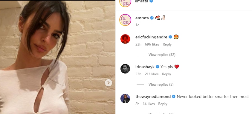 Emily Ratajkowski new friend Eric Andre leaves flirty comment over her new snaps