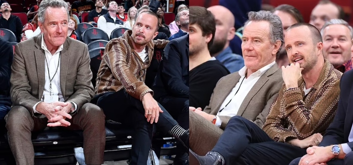 Breaking Bad alums Bryan Cranston and Aaron Paul share some laughs at the NBA game