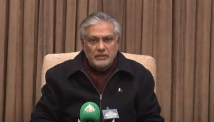 Finance Minister Senator Ishaq Dar announcing the new prices of petroleum products in a televised address. — Screengrab/PTV News
