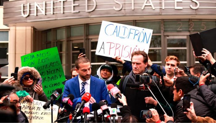 Attorney Cesar de Castro speaks to members of the media after a verdict was announced at the courthouse where the trial of former Mexican Secretary of Public Security Genaro Garcia Luna is being held, in the Brooklyn borough of New York City on February 21, 2023.— AFP