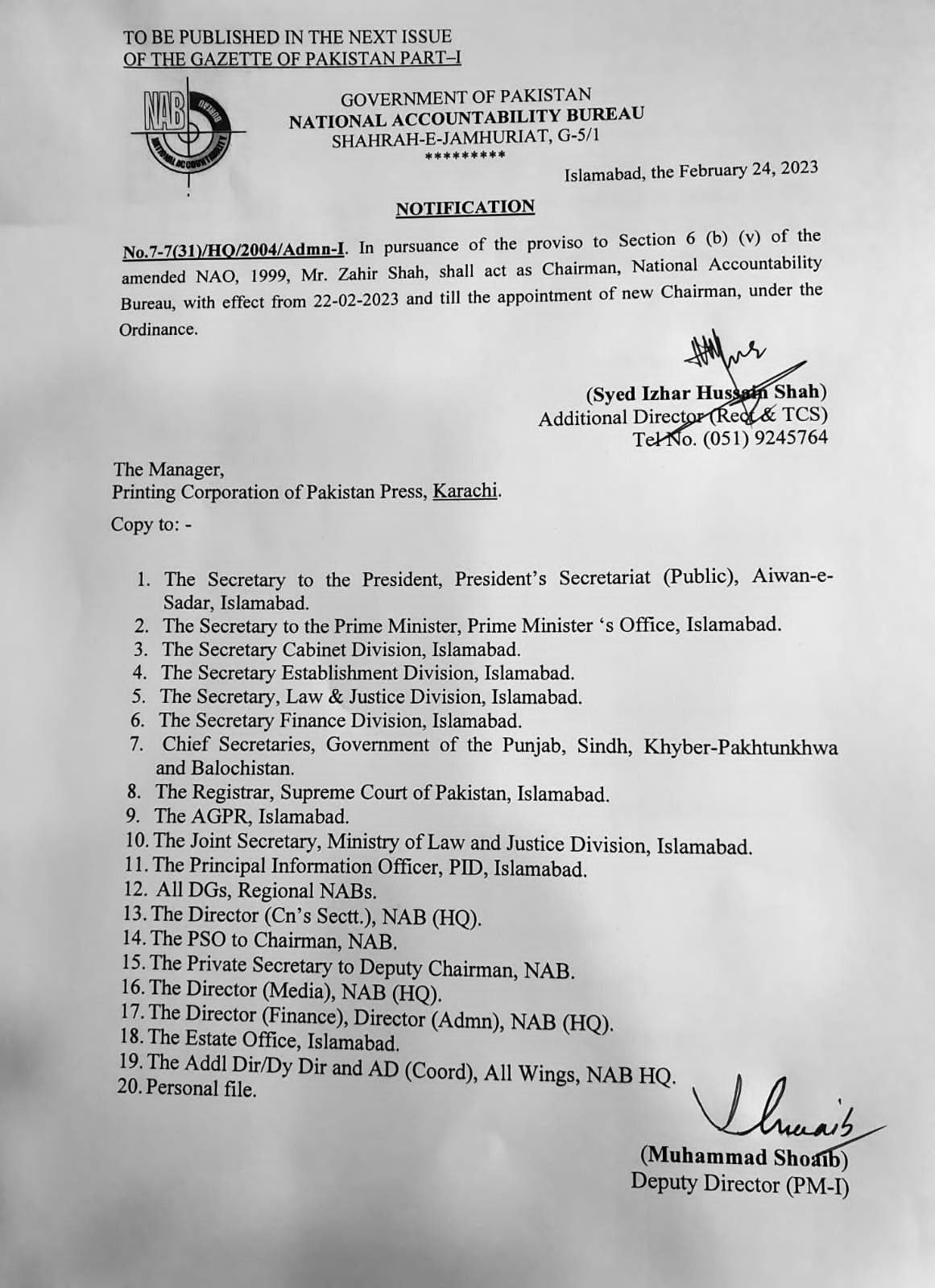 NAB issued notification regarding the appointment of Zahir Shah as acting NAB chief.