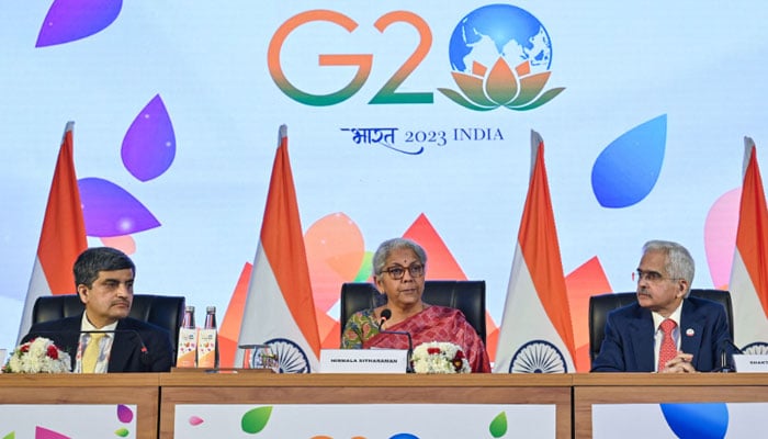 India’s Finance Minister Nirmala Sitaraman (centre) addresses a press conference along with the Governor of Reserve Bank of India, Shaktikanta Das (right) and Secretary, Department of Economic Affairs, Ministry of Finance Ajay Seth (left) after the G20 Finance meetings under India’s G20 Presidency in Bengaluru on February 25, 2023. — AFP