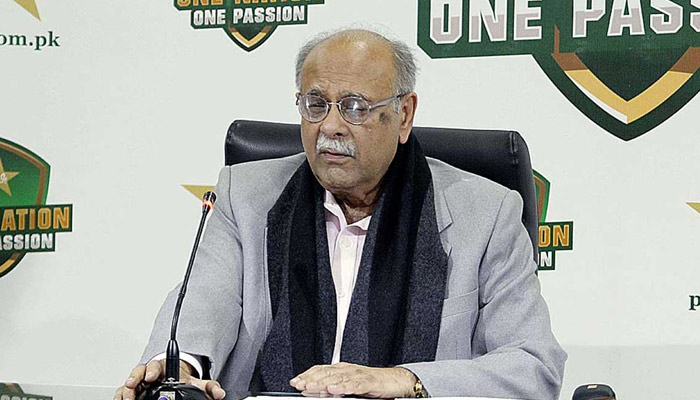 PCB Management Committee Chairman Najam Sethi addressing a media conference at Gaddafi Stadium on January 23, 2023. — APP