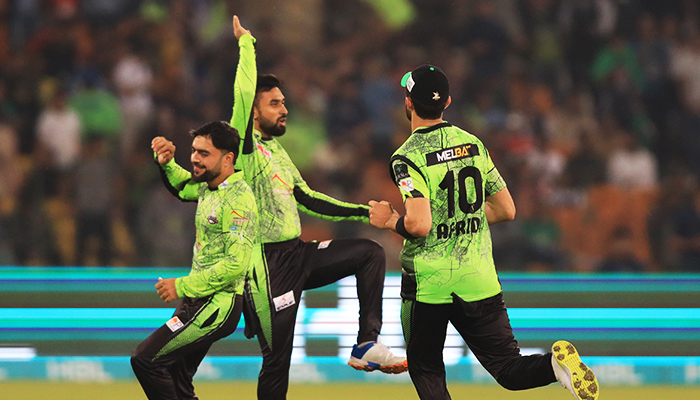 Lahore Qalandars celebrate during the 20th match of the Pakistan Super League (PSL) at the Gaddafi Stadium in Lahore on March 4, 2023. — PSL