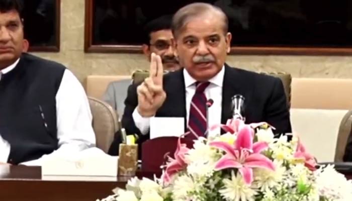 Prime Minister Shehbaz Sharif addresses the parliamentary meeting at the Parliament House in Islamabad on April 3, 2023. — YouTube/PTVNews/Screengrab