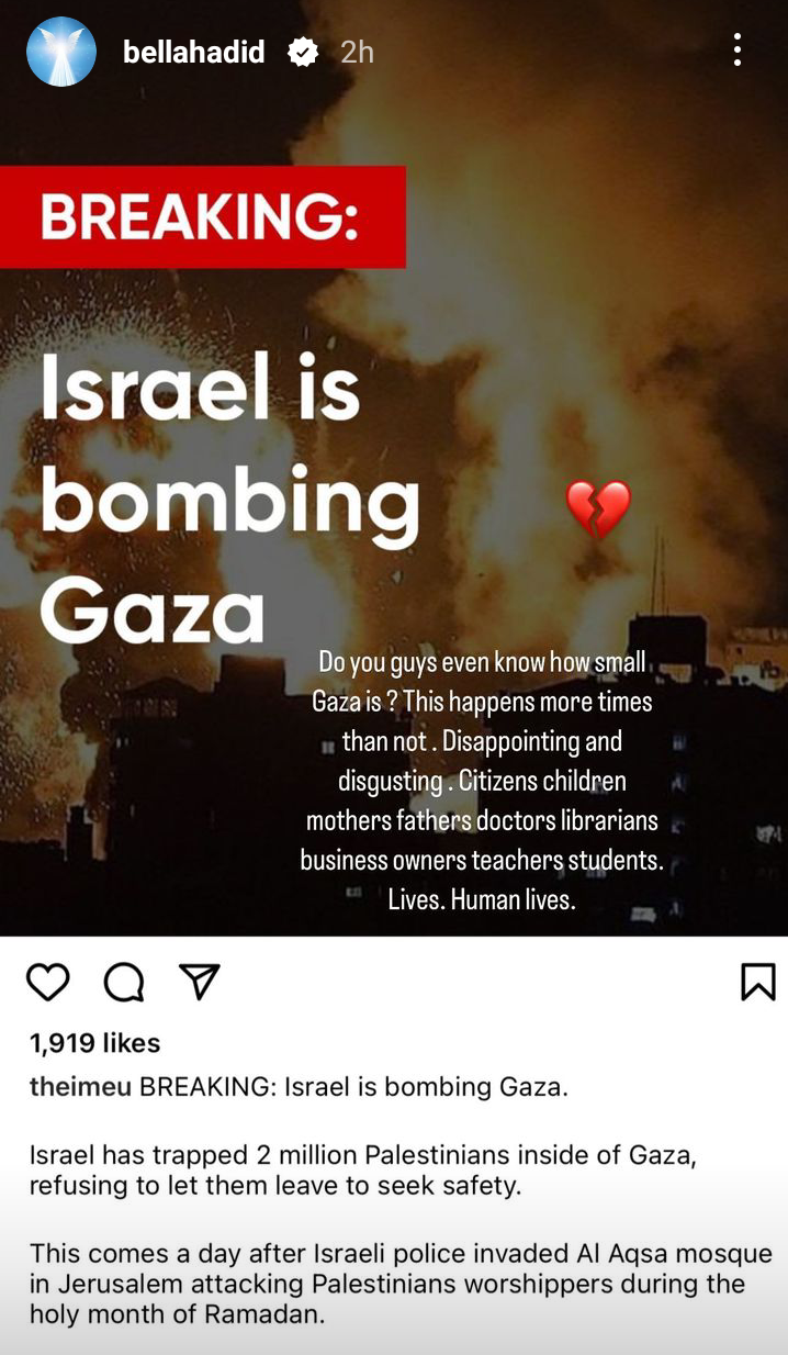 Bella Hadid calls Israeli attack on Gaza disappointing and disgusting