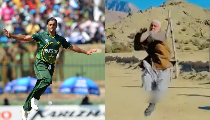 Pakistans legendary pacer Shoaib Akhtar (left) and an elderly man can be seen bowling. — AFP/Twitter/File