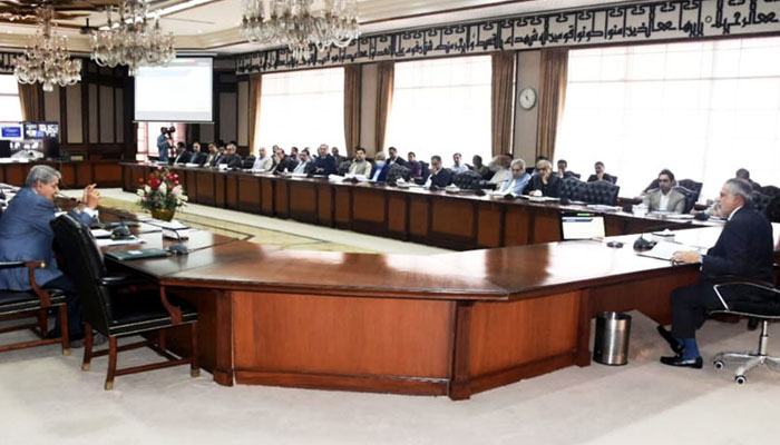 Finance Minister Ishaq Dar presides over the meeting of the Economic Coordination Committee (ECC) of the cabinet (ECC) on April 13, 2023. — Radio Pakistan.