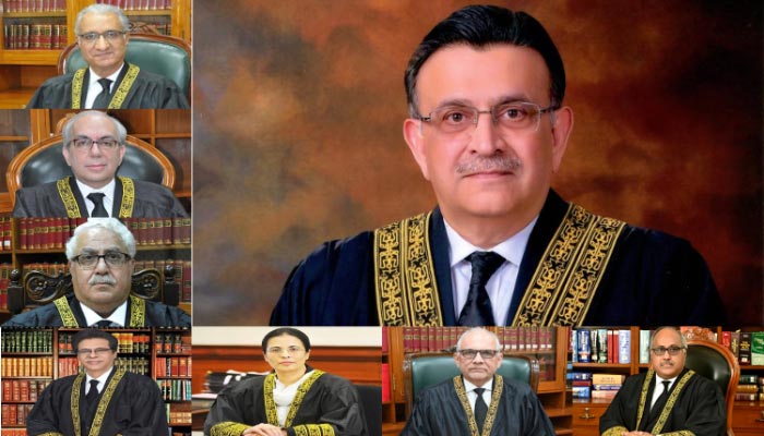 (Anticlockwise) Undated images of Justice Ijaz ul Ahsan, Justice Munib Akhtar, Justice Muhammad Ali Mazhar, Justice Ayesha Malik, Justice Syed Hasan Azhar Rizvi, Justice Shahid Waheed, and CJP Umar Ata Bandial. — Supreme Court website