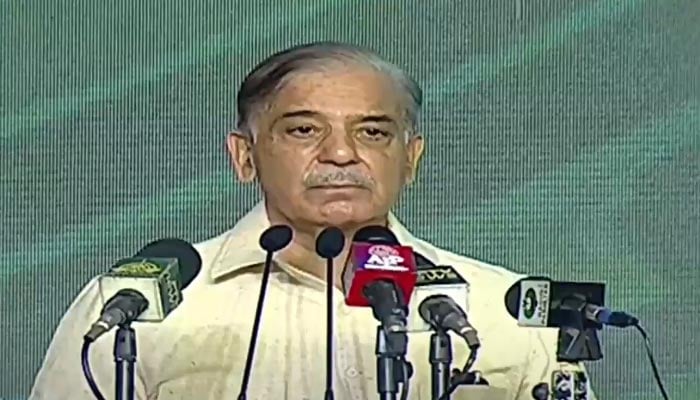 Prime Minister Shehbaz Sharif addresses a ceremony in Lahore, on April 15, 2023, in this still taken from a video. — YouTube/PTVNews