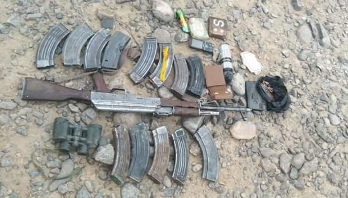 Weapons recovered from terrorists during the South Waziristan operation, on April 15, 2023, in this still taken from a video. — ISPR