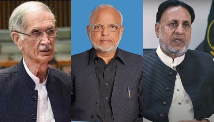 PTI leaders Pervez Khattak, Senator Ejaz Ahmad Chaudhary and Mian Mahmood ur Rashid. — PPI, Senate website, Twitter/File