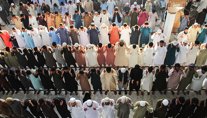 Believers during Eid ul Fitr prayers at Masjid-e-Khizra in Karachi's Saddar area, on April 22, 2023. — Hassaan Ahmed