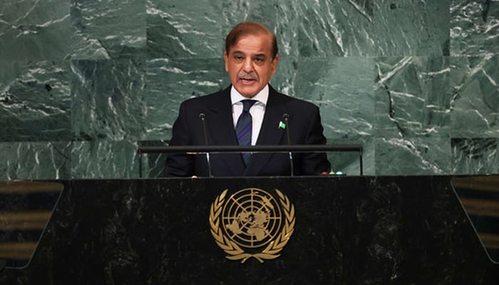 Prime Minister Shehbaz Sharif speaks at the 77th session of the United Nations General Assembly at UN headquarters in New York, US, on September 23, 2022. — AFP