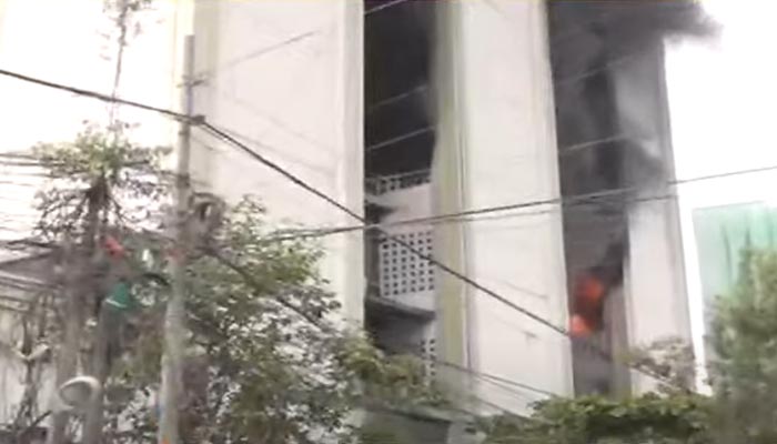 A still taken of fire that erupted in a commercial high-rise on Sharea Faisal on April 28, 2023. —