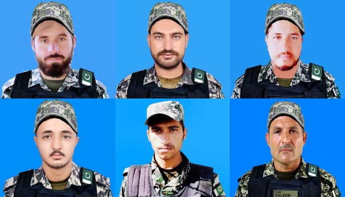 Martyred soldiers (L to R) Sepoy Nazir Khan, Naik Javed lqbal and Sepoy Bismillah Jan, Sepoy Hazrat Bilal, Sepoy Syed Rajab Hussain and Havaldar Saleem Khan.  — ISPR