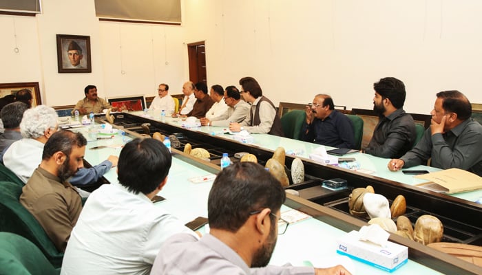 Sindh Minister for Culture and Education Sardar Ali Shah (centre) chairs a meeting in Karachi, on May 4, 2023. — Arts Council