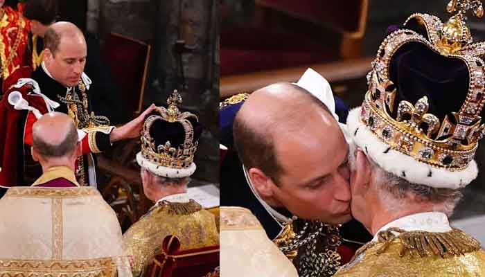 King Charles spotted holding back tears as Prince William kisses him