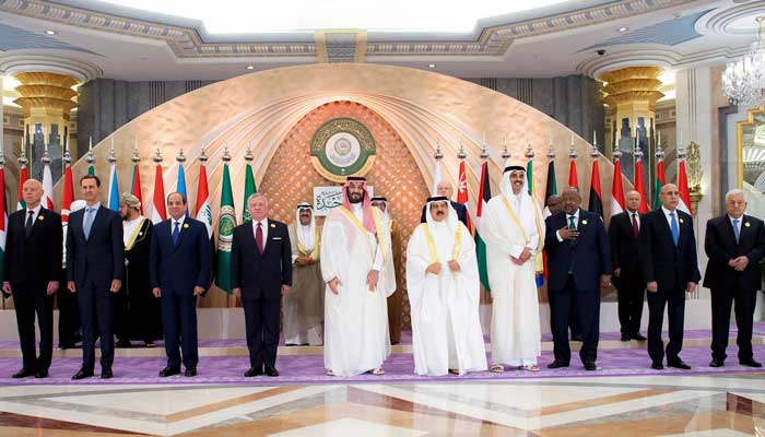 This handout group picture provided by the Saudi Royal Palace on May 19, 2023 shows leaders of member countries in the Arab League. — AFP