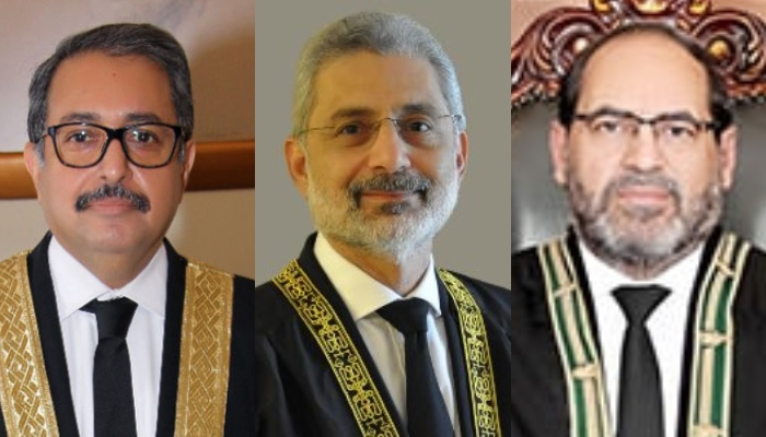 Justice Aamer Farooq (left) Justice Qazi Faez Isa, and Justice Naeem Akhtar Afghan (right). —official websites