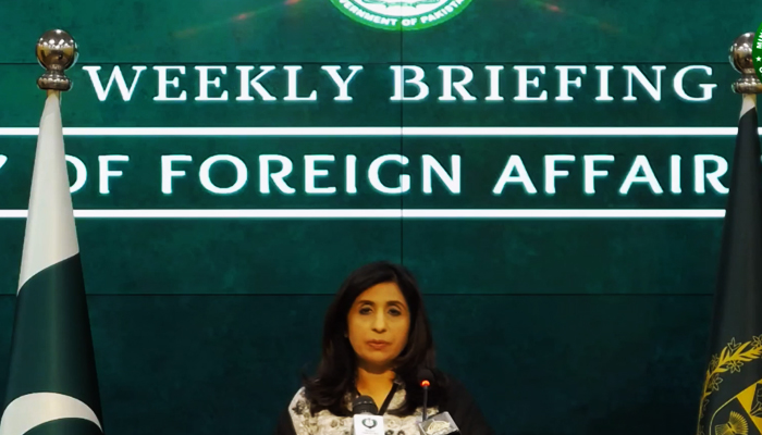 Foreign Office spokesperson Mumtaz Zahra Baloch addressing her weekly press briefing in Islamabad, on June 8, 2023, in this still taken from a video. — Facebookforeignofficepk