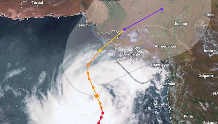 Satelite image indicating the intensity and location of Cyclone Biparjoy. — Zoom Earth