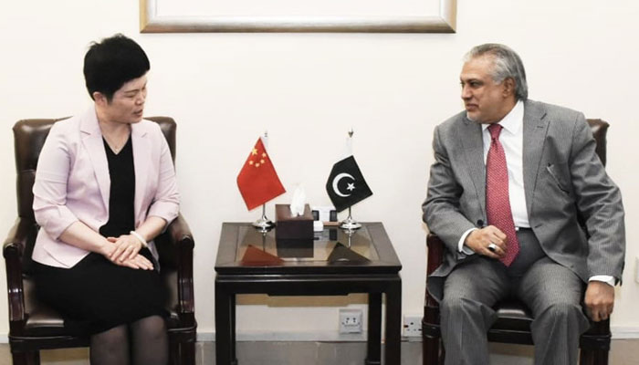 Pang Chunxue, Charge’d Affairs at the Chinese embassy, calls on Finance Minister Ishaq Dar on June 12, 2023. — PID