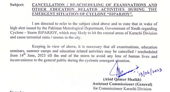 Sindh exams cancelled as cyclone Biparjoy approaches