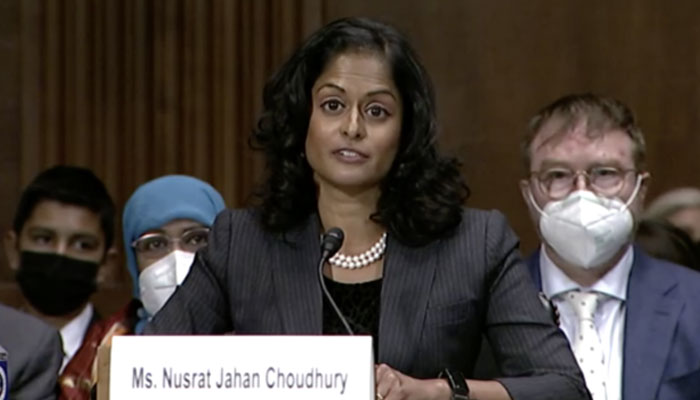 Nusrat Choudhury testifies before Senate Judiciary Committee at confirmation hearing, Apr. 27, 2022.SCREENSHOT SENATE JUDICIARY COMMITTEE HEARING