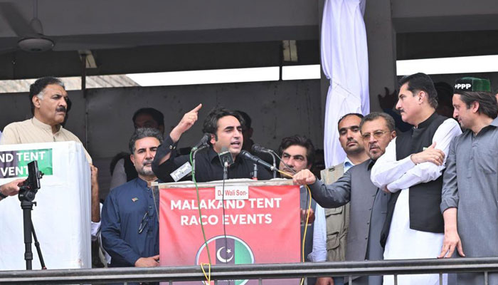 Foreign Minister and PPP Chairman Bilawal Bhutto Zardari is addressing public gathering in Swat on June 17, Saturday. — Twitter/PPPMediaCell