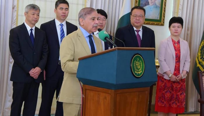 Prime Minister Shehbaz Sharif address a ceremony for the signing of an agreement for Unit 5 of Chashma Nuclear Power Plant (C-5) in Islamabad on June 20, 2023. — PID