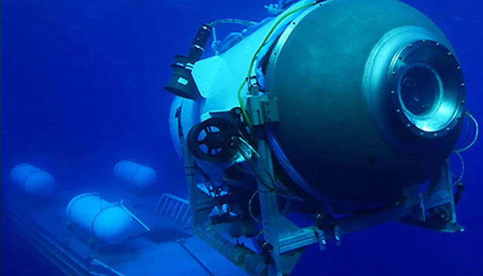 This undated image, courtesy of OceanGate Expeditions, shows their Titan submersible launching from a platform.AFP/OceanGate Expeditions