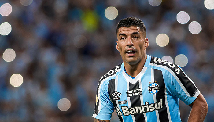 Gremio´s Uruguayan forward Luis Suarez reacts during the second leg final match of the Rio Grande do Sul State Championship, better known as the Gaucho Championship, against Caxias, at the Arena do Gremio stadium in Porto Alegre, Brazil on April 8, 2023.—AFP