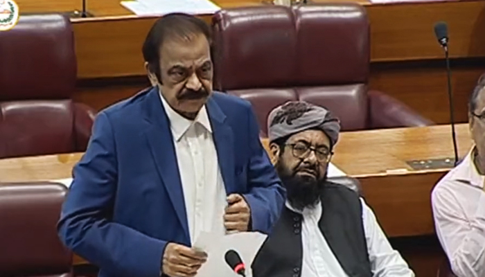 In this still taken from a video, Interior Minister Rana Sanaullah addresses the National Assembly on June 23, 2023. — Twitter/@NAofPakistan