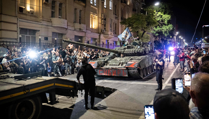 Members of Wagner group prepare to pull out from the headquarters of the Southern Military District to return to their base in Rostov-on-Don late on June 24, 2023. — AFP