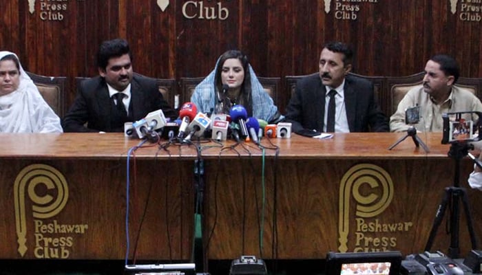 TikToker Sandal Khattak addresses media persons during a press conference held at Peshawar press club on Saturday, June 24, 2023. — PPI