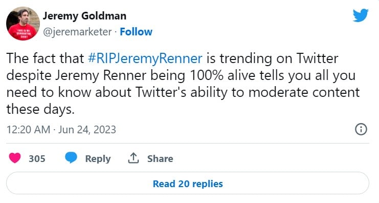 Jeremy Renners death hoax trends on Twitter, fans go wild