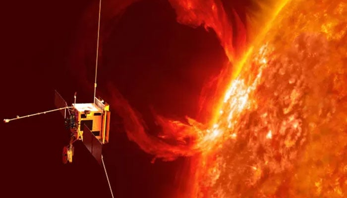 This representational picture shows ESA’s next-generation Sun explorer, Solar Orbiter, near the Sun in space. — ESA/The Guardian