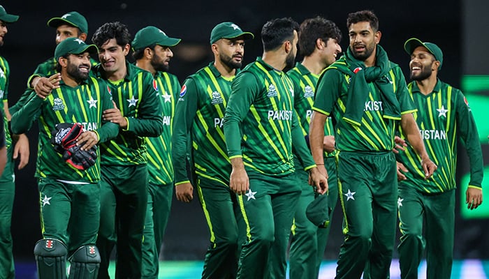 Pakistan players celebrate after their 2022 ICC Twenty20 World Cup cricket tournament match between Pakistan and South Africa at the Sydney Cricket Ground (SCG) on Thursday. — AFP