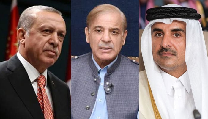 (From left to right) Turkish President Recep Tayyip Erdogan, Prime Minister Shehbaz Sharif and Qatar Emir Sheikh Tamim bin Hamad Al-Thani. — AFP/Twitter/ @abubakarumer/File