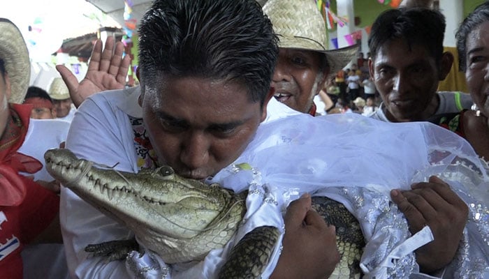 Victor Hugo Sosa, the mayor of San Pedro Huamelula, kisses a spectacled caiman (Caiman crocodilus) called The Princess Girl before marrying her in San Pedro Huamelula, Oaxaca state, Mexico on June 30, 2023. — AFP