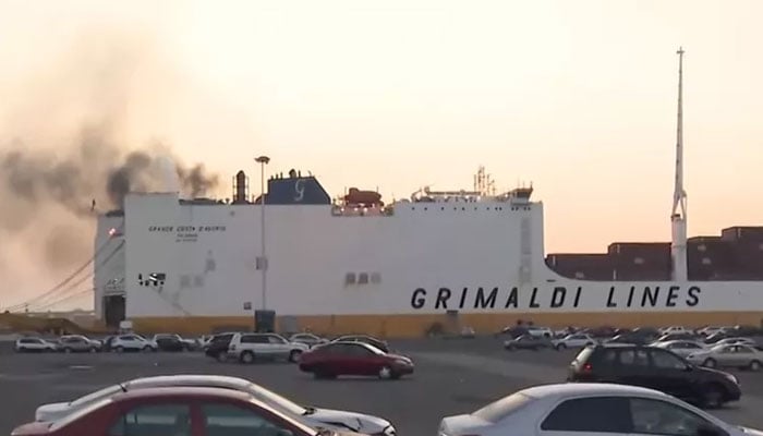 The Grande Coaster Eadoirio cargo ship on fire at the Elizabeth Marine Terminal in Port Newark, New Jersey. — YouTube/@CBS NEWYORK