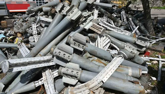 Remnants of dozens of Smerch and Uragan cluster munition rockets collected by Ukraine’s State Emergency Service from Kharkiv in April 2022. AFP/File