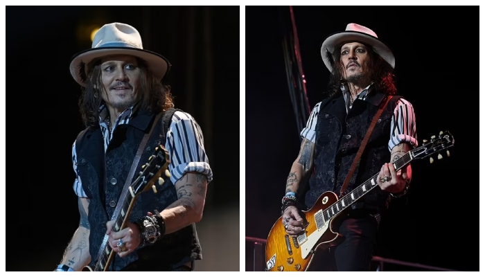 Johnny Depp appears to be a true rock star as he performs in Manchester