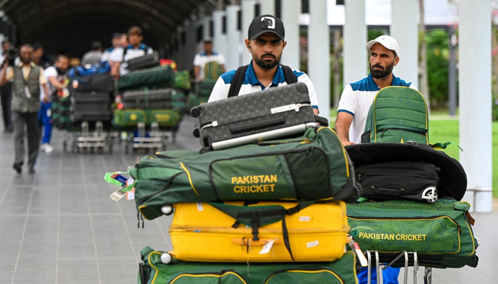 Pakistan Skipper Babar Azam photographed on arrival in Colombo, Sri Lanka, on July 9, 2023. — Twitter/@officialSLC