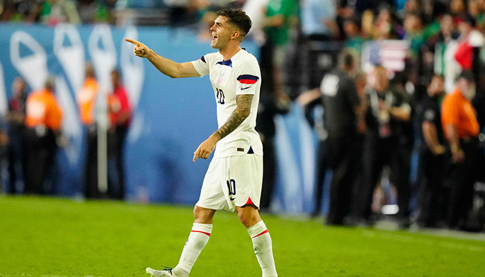 LAS VEGAS, NEVADA - JUNE 15: Christian Pulisic #10 of USA gestures in the second half against Mexico during the 2023 CONCACAF Nations League semifinals at Allegiant Stadium on June 15, 2023, in Las Vegas, Nevada.—AFP